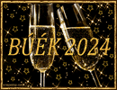 Koccint�s az �j�vre, szilveszteri �s �j�vi k�peslap pezsg�vel, csillagos h�tt�rrel, B��K 2024 arany sz�n� csillog� felirattal.